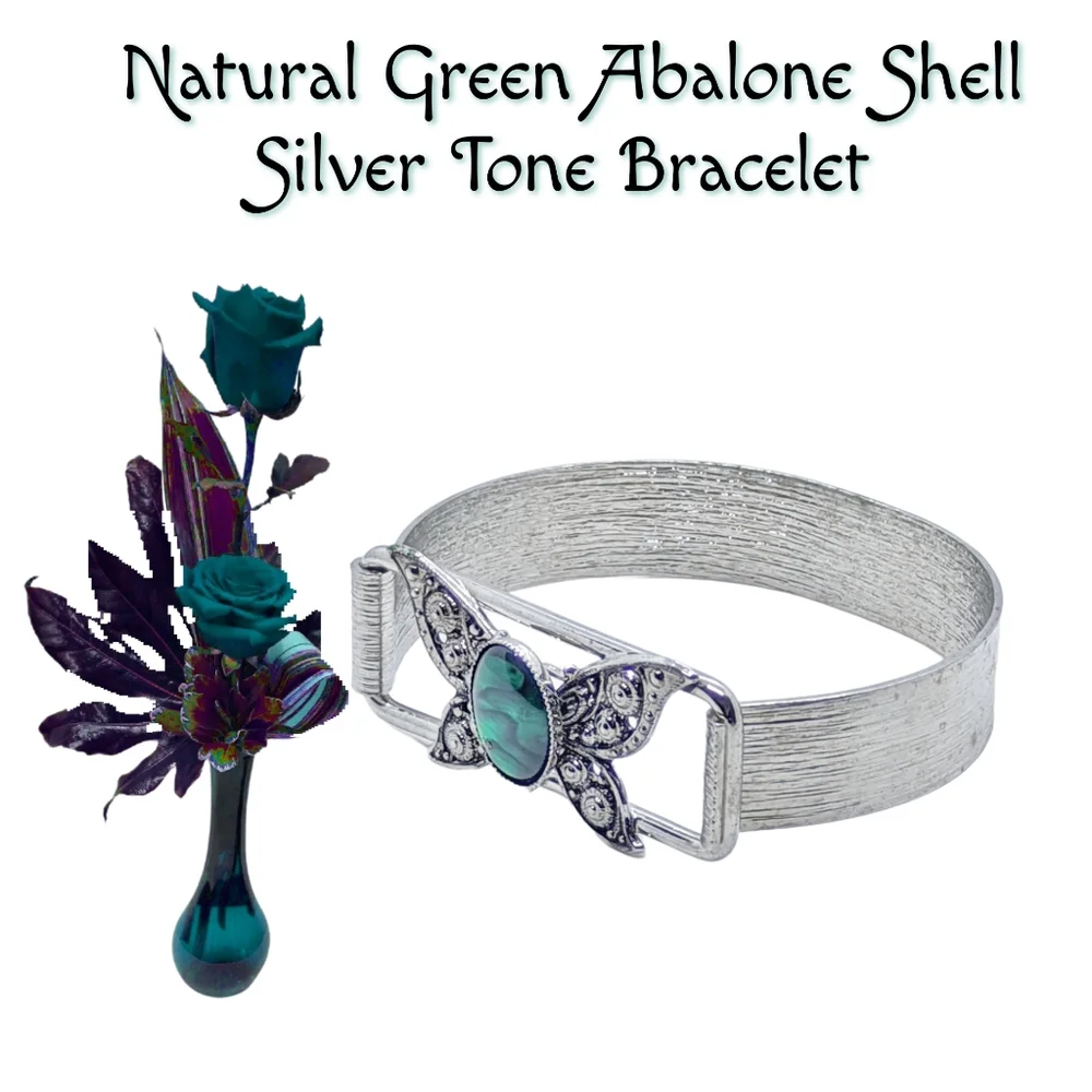 Natural Green Abalone Shell Silver Tone Bracelet